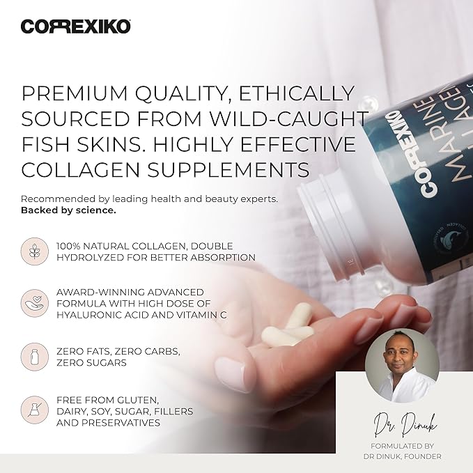 CORREXIKO Marine Collagen Supplement Pills - 1800mg Hydrolyzed Collagen Peptides per Serving with Added Hyaluronic Acid Vitamin C &amp Minerals - for Hair Skin &amp Nails - 240 Capsules 2 Month Su