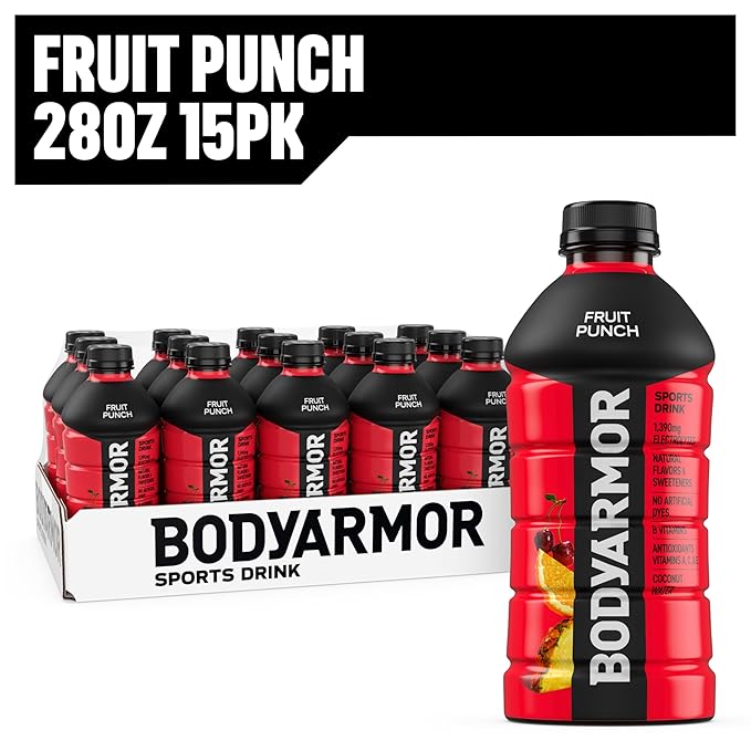 BODYARMOR Sports Drink Fruit Punch Electrolyte Drink Hydration 28 Fl Oz Bottles (15 Pack) Flavored Coconut Water with B Vitamins &amp Antioxidants