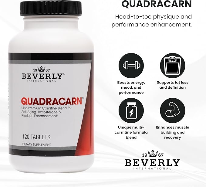 Beverly International Quadracarn 4X-Potency Lab Tested Ultra-Premium Carnitine Blend for Fat Loss Muscle Definition Metabolism Mood Energy Boost Anti-Aging Brain Function. 120 Tablets.