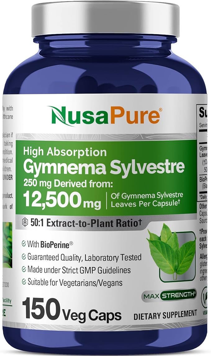 NusaPure Gymnema Sylvestre 50:1 Extract 250 mg Equivalent to 12500mg Per Vegan Caps - 150 Count (Non-GMO Vegan Bioperine)