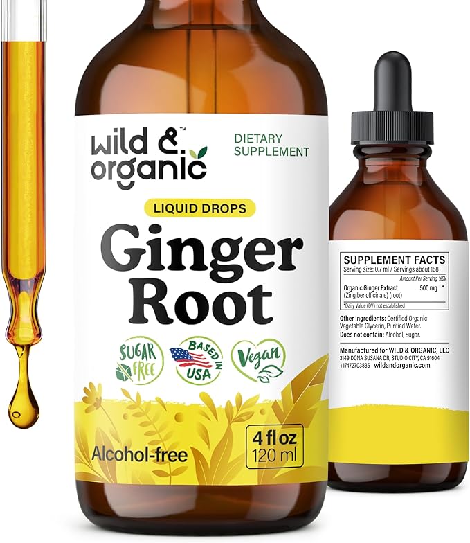 Wild &amp Organic Ginger Root Extract Drops - Immune &amp Digestive Support - Liquid Ginger Supplements - Vegan Sugar &amp Alcohol-Free Tincture - 4 fl oz