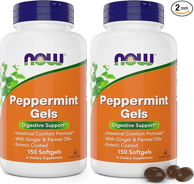 Now Peppermint Gels with Ginger Oil and Fennel Oil 150 Softgels (Pack of 2) Enteric Coated
