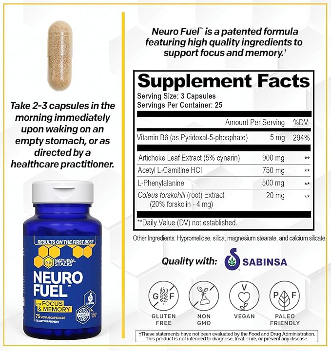 NATURAL STACKS Original NeuroFuel Nootropic Brain Support Supplement - 750mg L-Carnitine &amp 500mg L-Phenylalanine - Brain Supplement for Memory and Focus* - 75 Focus Pills