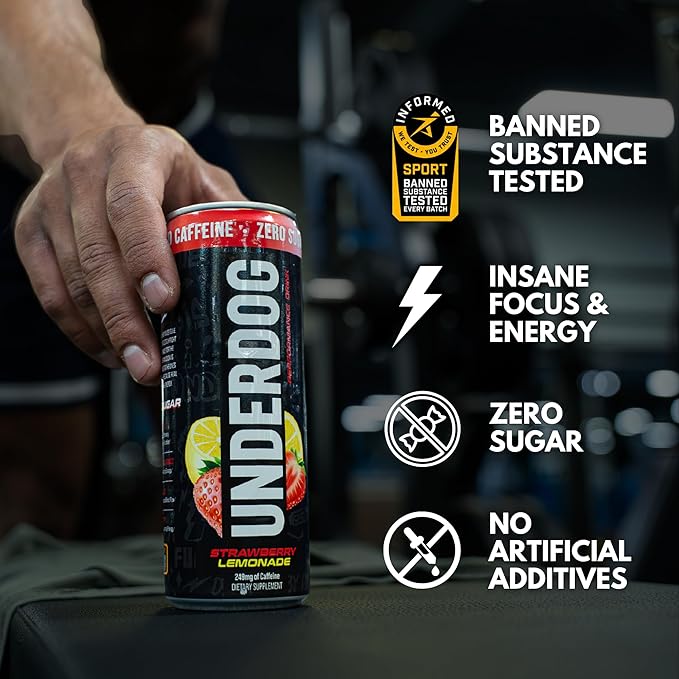 Underdog Performance Energy Drink Strawberry Lemonade Nootropics Green Tea Extract Citrulline Clean Sugar Free Fast &amp Slow Release 249mg Caffeine per Serving No Artificial Additives 12 Pac