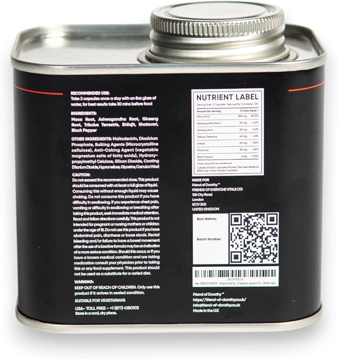 Hard Supplement for Men - Black Maca &amp Ashwagandha Root - Natural Performance Support - Enhances Energy Vitality Hormonal Balance - (120 Capsules/Can)
