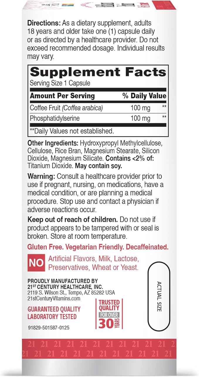 21st Century Brilliant Brain Performance Capsules (30 Count) Cognitive Health Support Contains Plant-Sourced Phosphatidylserine &amp Nootropic Coffee Fruit Extract Decaf &amp Gluten Free