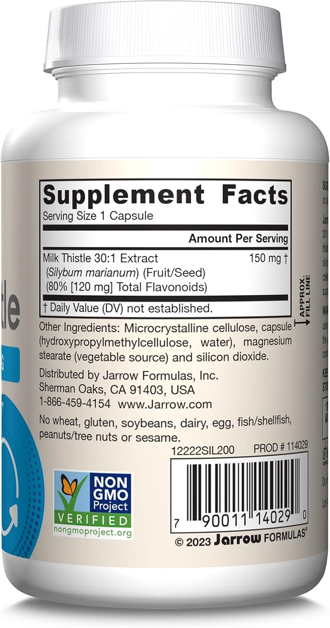Jarrow Formulas Milk Thistle Supplement 150 mg. 30:1 Milk Thistle Extract Standardized to 80% Total Flavonoids Dietary Supplement for Liver Function Support 200 Veggie Capsules Up to 200 Day Supply