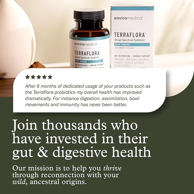 Terraflora Deep Immune Synbiotic- SBO Probiotic and Prebiotic Immune Support Gut Health Soil Based Spore Pre and Probiotics for Women and Men LC-Plasma Bacillus Coagulans Subtilis 60 Capsules