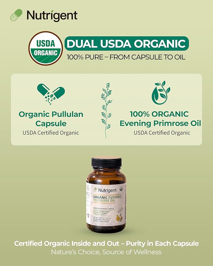 Organic Evening Primrose Oil Supplement 940 mg 100% Pure with 10% GLA High Absorption Liquid Organic Capsules Promotes Women's Health &amp Skin Health Cold Pressed 60 Count