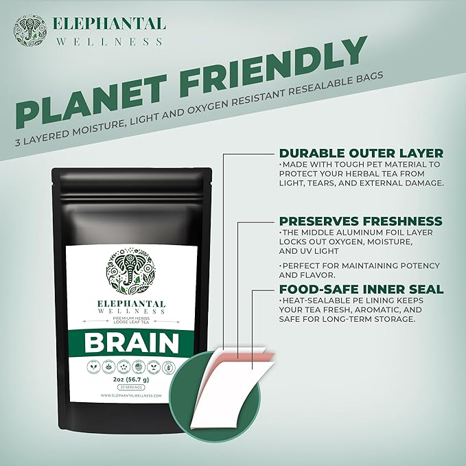 Elephantal Wellness Premium Brain Herbal Tea | Nootropic Focus &amp Mental Clarity with Ginkgo Bacopa Gotu Kola &amp Rosemary | Non-GMO Caffeine-Free Coffee Alternative Handmade Loose Leaf Blend
