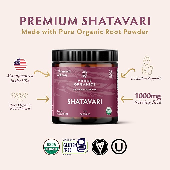 TRIBE ORGANICS Organic Shatavari Herbal Supplement - Hormonal Balance | Women’s Reproductive Health | Lactation | Immune &amp Inflammatory Support - Non-GMO USDA Organic 120 Vegan Capsules