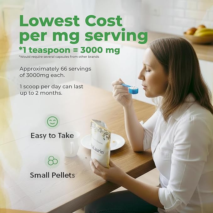 UltraLaurin® Monolaurin Supplement – 3000 mg Coconut-Derived Pellets for Immune &amp Gut Health Support Digestive Wellness – 7 oz - 66 Servings – Vegan Non-GMO Natural Immune &amp Digestive Supp