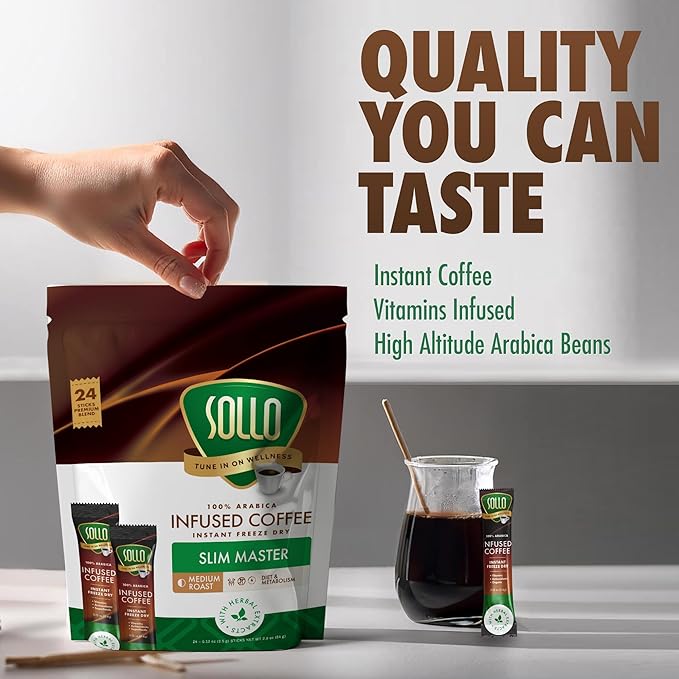 SOLLO Slim Infused Instant Coffee sticks (24 Servings) Weight Loss Healthy Body Support Medium- Dark Roast 100% Arabica Freeze Dried Coffee in Single Serve Sticks.