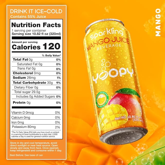 Yoopy Sparkling Mango Juice – 12-Pack (10.82 fl oz Cans) – 55% Mango Juice – No Added Sugar – Natural Hydration with Tropical Flavor – Ideal for Refreshing Moments