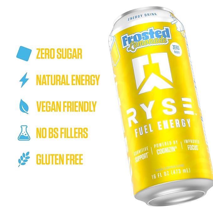 RYSE Fuel Energy Drink - Frosted Lemonade - Sugar Free - 200mg Natural Caffeine New Formula to Supports Cognitive Health &amp Improves Focus - No Artificial Colors - 16 fl oz Cans (12-Pack)