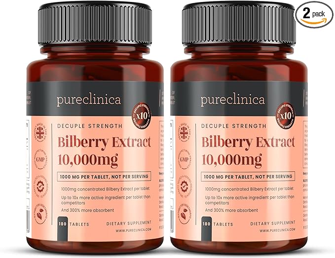 pureclinica Bilberry Extract 10000mg x 360 Tablets (2 Bottles) - 10 X More Anthocyanidins per Tablet Than Most Others - and 5mg Black Pepper Extract for 300% Increased Absorption