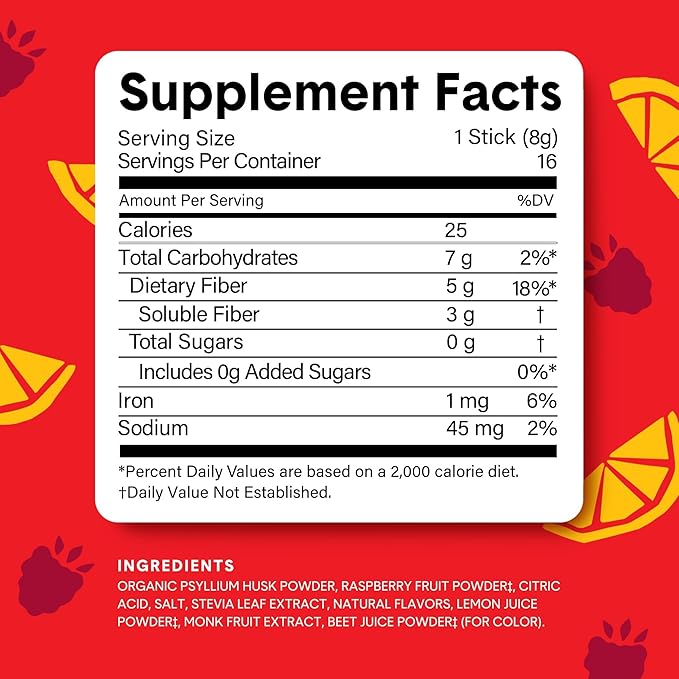Bellway Super Fiber Packets + Fruit Sugar Free Organic Psyllium Husk Powder Fiber Supplement to Go for Regularity Bloating Relief &amp Digestive Health Plant-Based Raspberry Lemon (20 Packets)