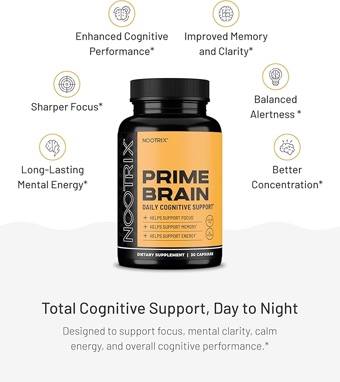 Nootrix Prime Brain Nootropic Supplement | Supports Memory Mental Focus Cognitive Health &amp Energy | Promotes Healthy Mood &amp Brain Function | Ginkgo Biloba Lion's Mane &amp L Theanine | 180