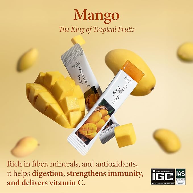 Korean Collagen Jelly Sticks - 25 Mango Flavored Marine Collagen Peptide Snacks for Anti-Aging- Collagen Protein Sugar-Free Travel Packs for Hair &amp Nail Strength