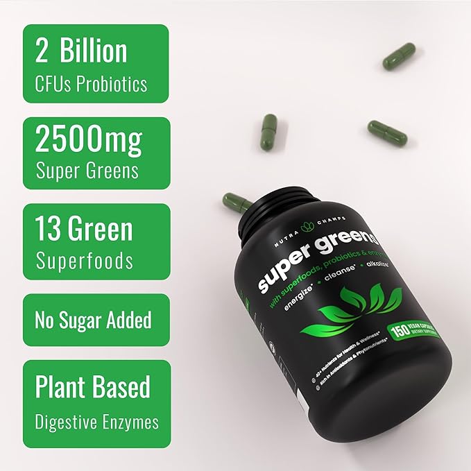 Organic Super Greens Capsules - Daily Fruits and Veggies Supplement - 150 Green &amp Reds Superfood Pills - 40+ Natural Whole Food Fruit &amp Vegetables Prebiotic Fiber &amp Probiotics &amp Diges