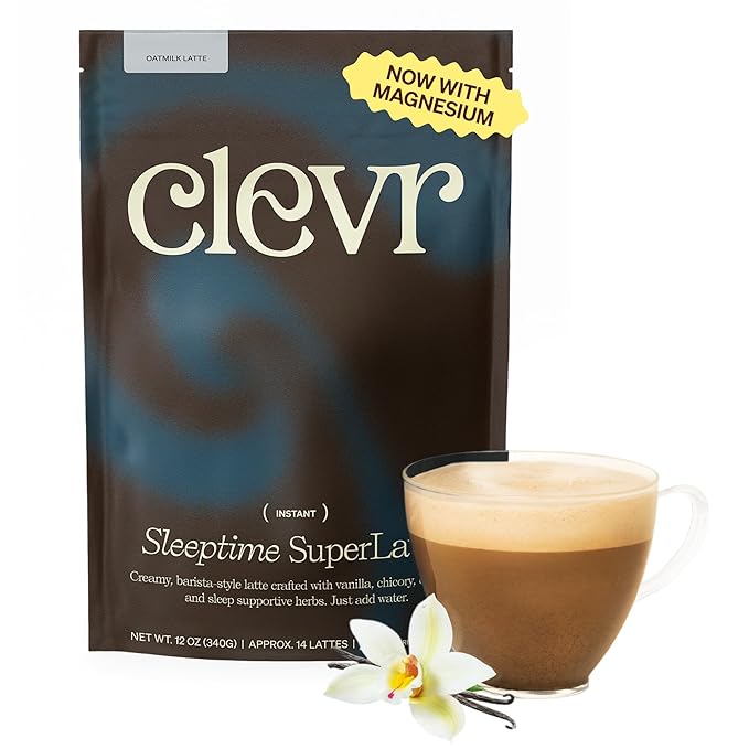 Clevr Sleeptime SuperLatte Magnesium Sleep Drink with Ashwagandha L-Theanine &amp Adaptogens Caffeine-Free Instant Tea &amp Superfood Latte Powder 14 Servings