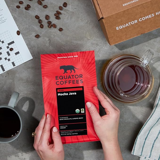 Equator Coffees Mocha Java Blend Organic Ground Coffee Medium Dark Roast Fresh Roasted Dark Chocolate &amp Berry Flavor Notes Sustainable and Fair Trade Certified 10.5 oz Bag