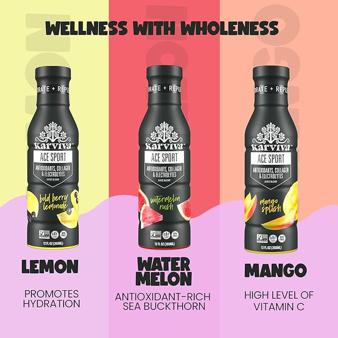 Karviva ACE Collagen Sport Juice Variety Pack - Inspired by Traditional Eastern Remedies for Healthy Joints Skin &amp Hair. Collagen Hydration Drinks with Natural Marine Collagen Electrolyte Antio