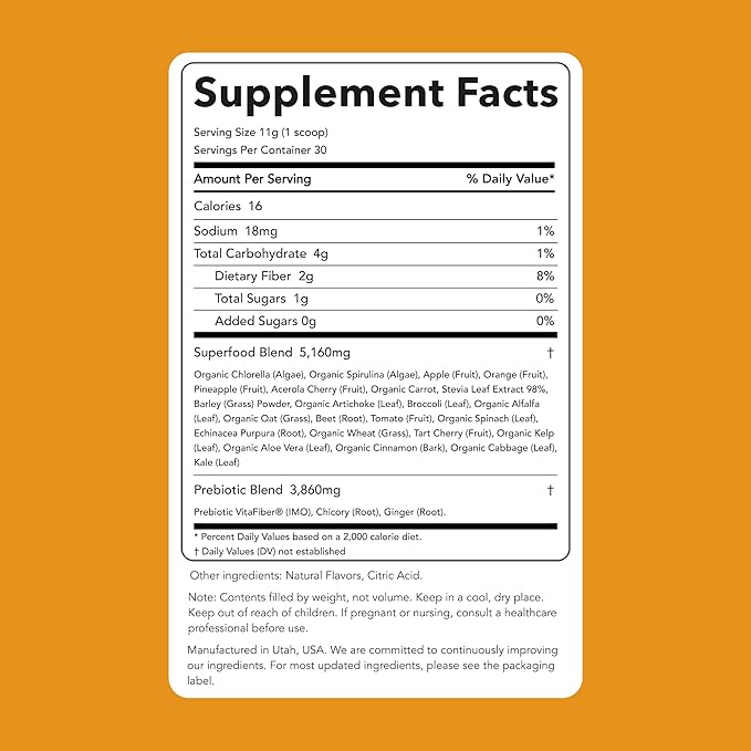 Clean Simple Eats Super Greens Powder Naturally Flavored Greens Powder with Chlorella Spirulina Superfoods &amp Prebiotic Fiber No Artificial Ingredients Gluten Free Tropical Greens Flavor 30