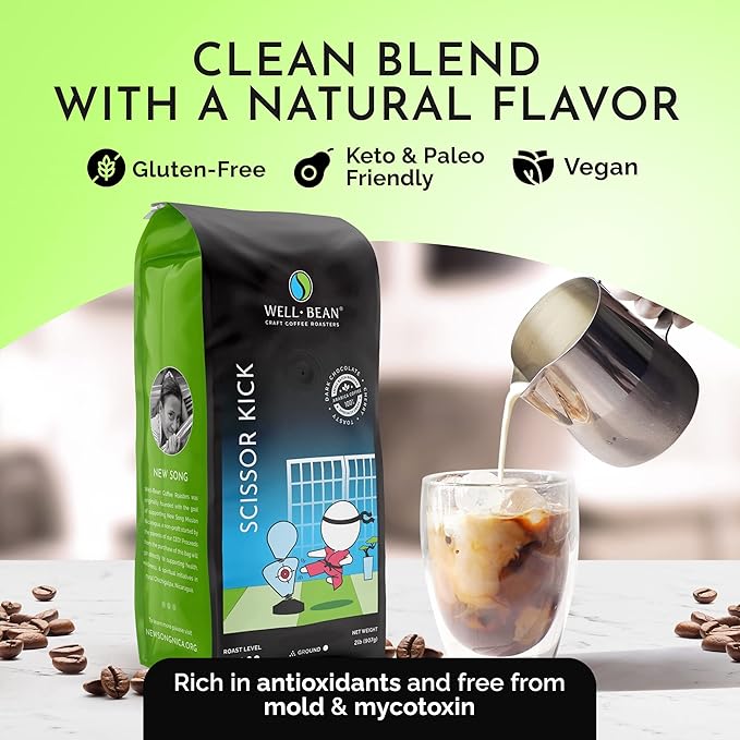 Well-Bean Coffee - Scissor Kick Blend Ground Coffee Gluten-Free Keto Coffee Papua New Guinea Brazilian and Sumatra Coffee Dark Roasted Coffee 2 lb