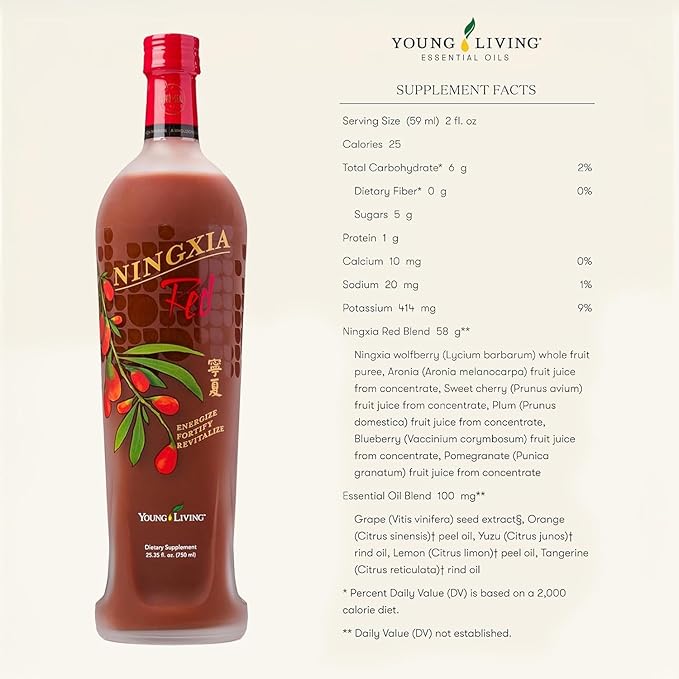 Young Living NingXia Red Antioxidant Drink | 25.35 fl oz | Superfruit with Wolfberry Blueberry Pomegranate Orange Lemon &amp Yuzu Essential Oils | 4 Pack