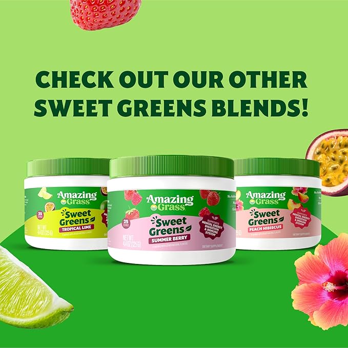 Amazing Grass Sweet Greens and Superfoods Powder for Digestive Health Greens Powder Digestive Enzymes Probiotics Spirulina Chlorella Peach Hibiscus 30 Servings