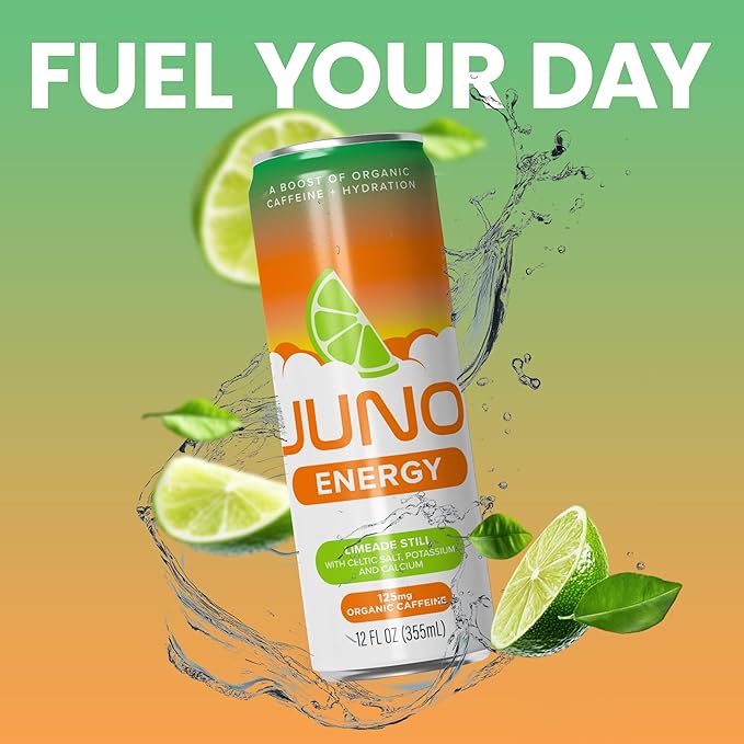 JUNO ENERGY Limeade Still Energy Drink - Sugar Free 125mg Organic Caffeine from Green Coffee Beans Hydrating with Stevia Organic Lime Juice - Vegan Gluten Free 12 Pack