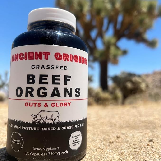 Grass Fed Beef Organs Supplement 4500mg - Desiccated Liver Bone Marrow Heart Spleen Pancreas &amp Kidney Non-GMO Gluten Free Undefatted by Ancient Origins (180 Capsules 750mg Each)