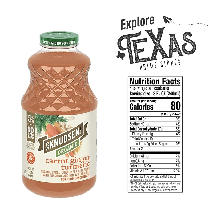 R.W. Knudsen Organic 4-Pack Organic Carrot Ginger Tumeric Fruit Juice 100% USDA Organic 32 fl oz Glass Bottle + 1 Utility Freebie by Lavinia