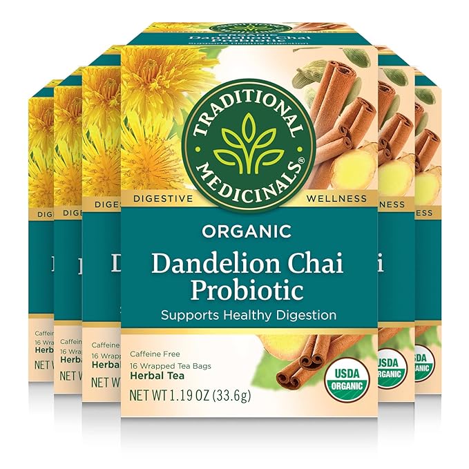 Traditional Medicinals Tea Organic Dandelion Chai Probiotic Supports Healthy Digestion 96 Tea Bags (6 Pack)