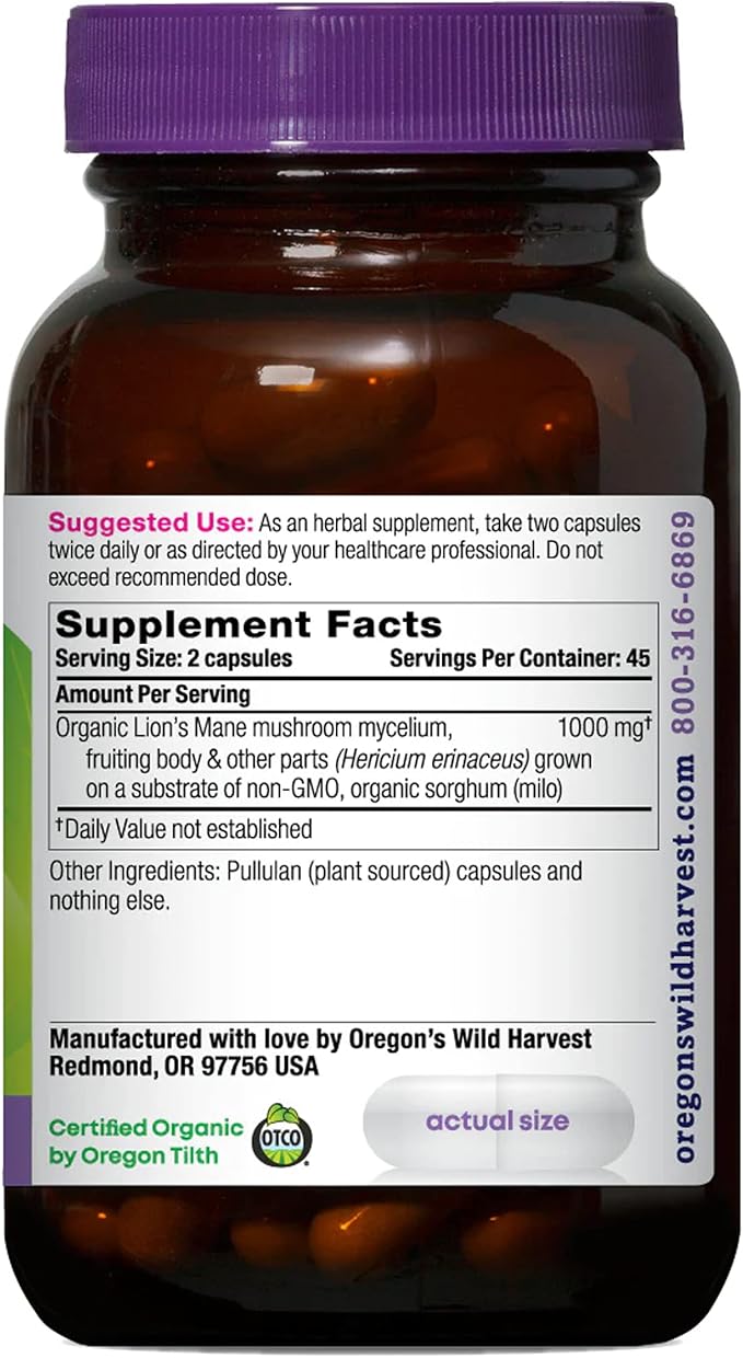 Oregon's Wild Harvest Lion's Mane Organic Herbal Supplement Vegan Capsules 90 Count