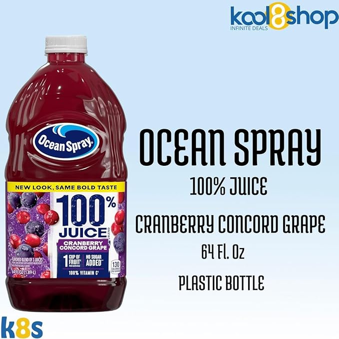 Ocean Spray 100% Cranberry Concord Grape Fruit Juice No Added Sugar 64 fl oz 4 Pack + 15 Sugarcane Disposable Straws by KOOL8SHOP Infinite Deals