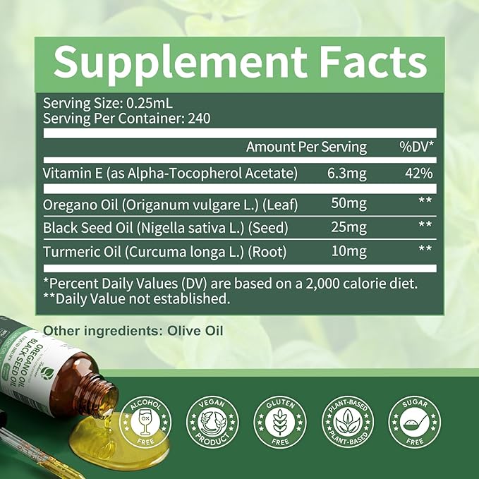 Oil of Oregano Drops with Black Seed Oil Turmeric Oil Vitamin E &amp Olive Oil Based Immune Digestive Cleanse &amp Detox* 80% Carvacrol Cold-Pressed Natural Aceite de Oregano 2 Fl Oz 8 Month S