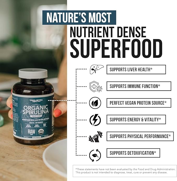 Organic Spirulina Tablets (360 Tablets) - Made with Parry® Spirulina The Best Spirulina in the World Highest Nutrient Density - Non-Irradiated 3 Organic Certifications (90 Servings)