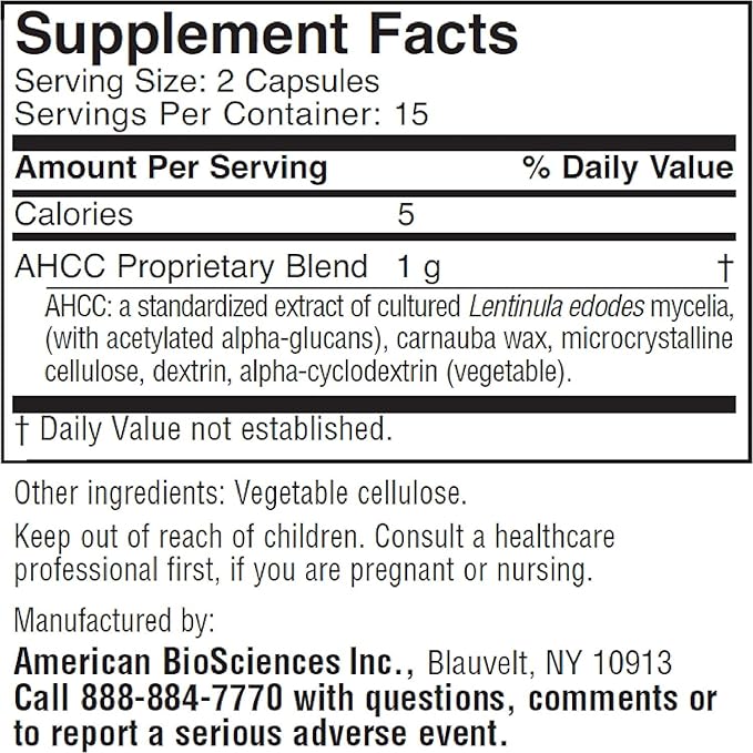 American BioSciences ImmPower AHCC Supplement Vegetarian Capsules Enhanced Immune Support Natural Killer Cell Activity and Cytokine Production 500 milligrams per Capsule (30 Count)
