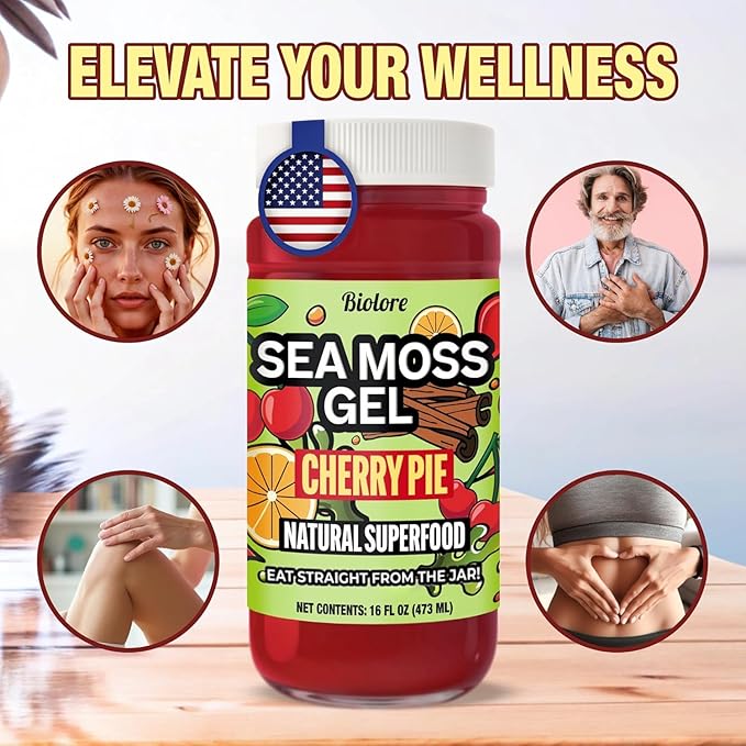 Biolore Cherry Pie Sea Moss Gel 16 oz - No Added Sugar Vegan Made in USA - Wildcrafted Sea Moss Superfood with 92 Essential Vitamins - Ready to Use No Prep Needed