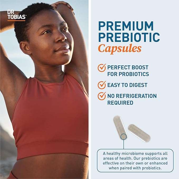 Dr. Tobias Prebiotics Digestive Support Advanced Prebiotic Supplement for Gut Health Immune Function &amp Boost for Probiotics for Women &amp Men Vegan Non-GMO 60 Capsules 60 Servings