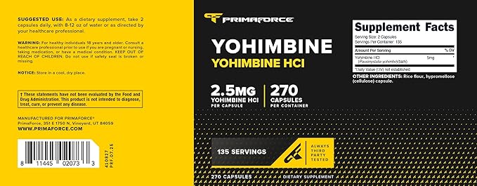 PrimaForce Yohimbine HCl 2.5mg 270 Capsules - Premium Supplement Boosts Performance Zero Fillers Non-GMO and Gluten Free