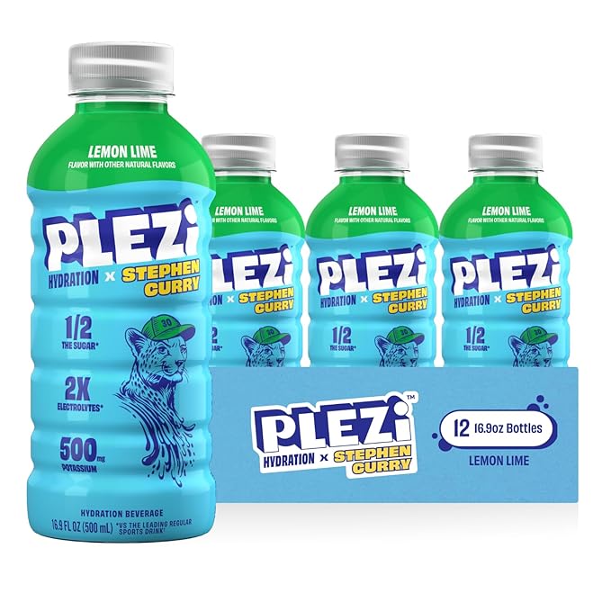 PLEZi Hydration &amp Sparkling Juice Drink Bundle – Lemon Lime x Stephen Curry &amp FiZZ Cherry Limeade – No Added Sugar Low Sugar 2X Electrolytes &amp Fiber – 16.9 Fl Oz + 12 Fl Oz (24 Pack Tota