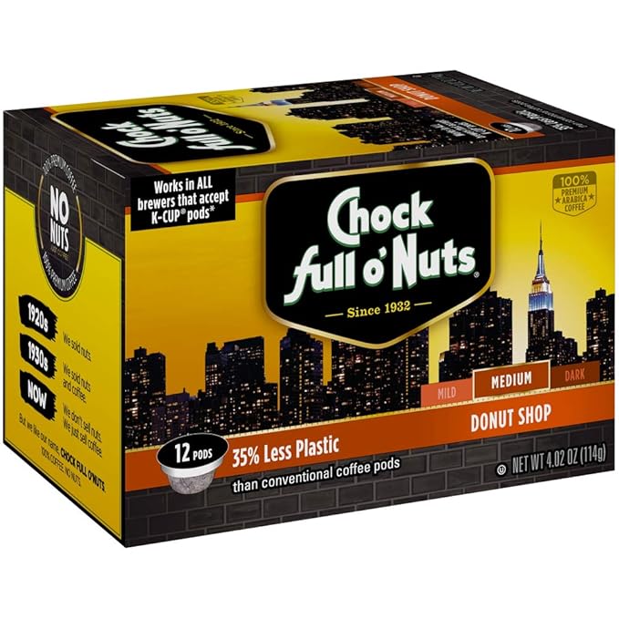 Chock Full o’Nuts Donut Shop Medium Roast K-Cups – Compatible with Keurig Pods K-Cup Brewers (4 Packs of 12 Single-Serve Cups)