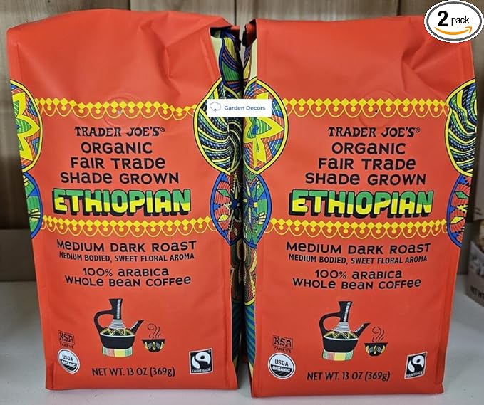 Trader Joe's Organic Fair Trade Shade Grown Ethiopian Medium Dark Roast Whole Bean Coffee 13oz 369g (Two Bags)