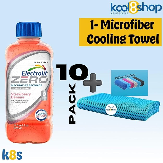 Electrolit Zero Strawberry Hydration Drink with Electrolytes 21 fl oz Plastic Bottle 10 Pack + 1 Microfiber Cooling Towel by KOOL8SHOP Infinite Deals