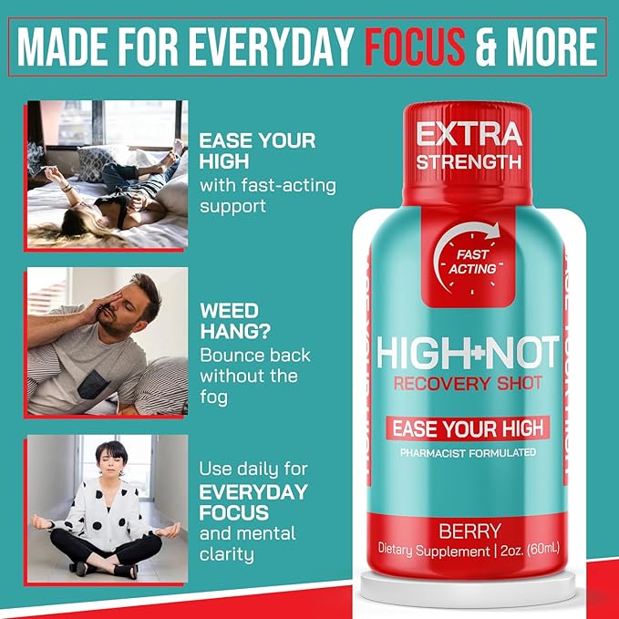 HIGH NOT Berry Flavored Recovery Shot – Rapid Relief for Intense THC̈̈ Effects – Fast-Acting Plant-Based Energy Shot – Vegan Brain Booster &amp Morning Recovery Drink