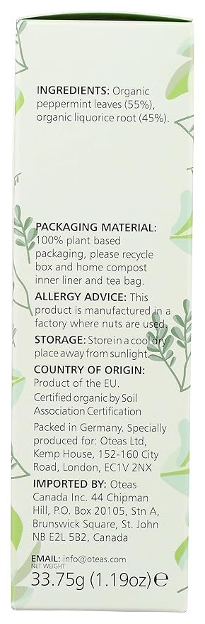 Oteas Organic Digestive Liquorice &amp Mint Peppermint &amp Liquorice Naturally Caffeine Free Vegan Friendly USDA Certified Organic Gluten Free &amp Non-GMO 15 Tea Bags (Pack of 6)