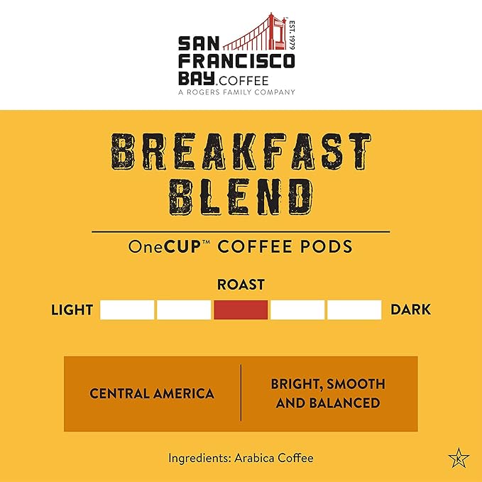 SF Bay Breakfast Blend Coffee OneCup – 72 Count Compostable Coffee Pods – Medium Roast Arabica – Compatible with Most Keurig K-Cup Brewers